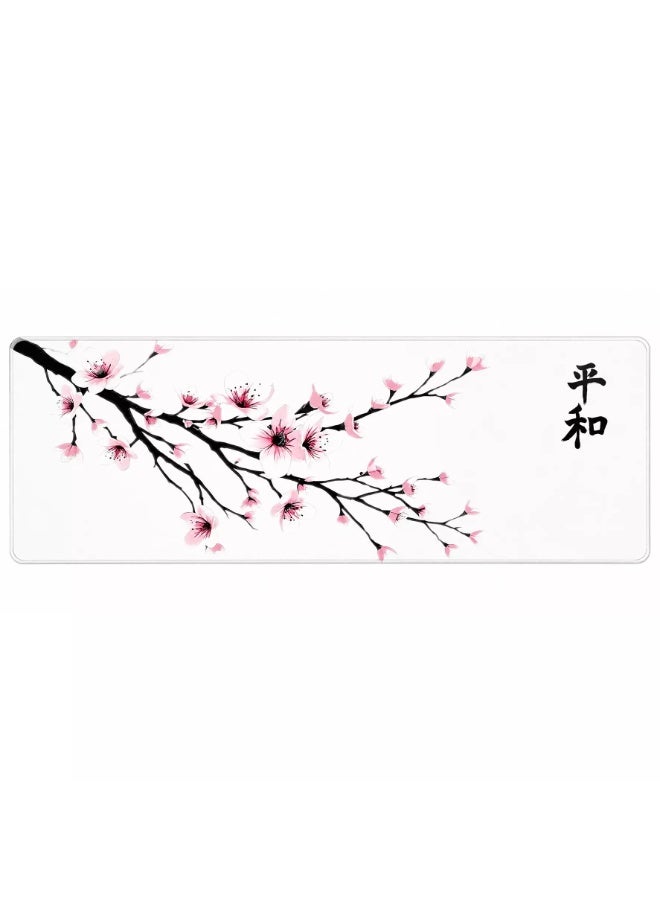 White Sakura Extended Gaming Mouse Pad – 80 × 30 CM XXL Desk Mat with Non-Slip Rubber Base & Stitched Edges - Image 1