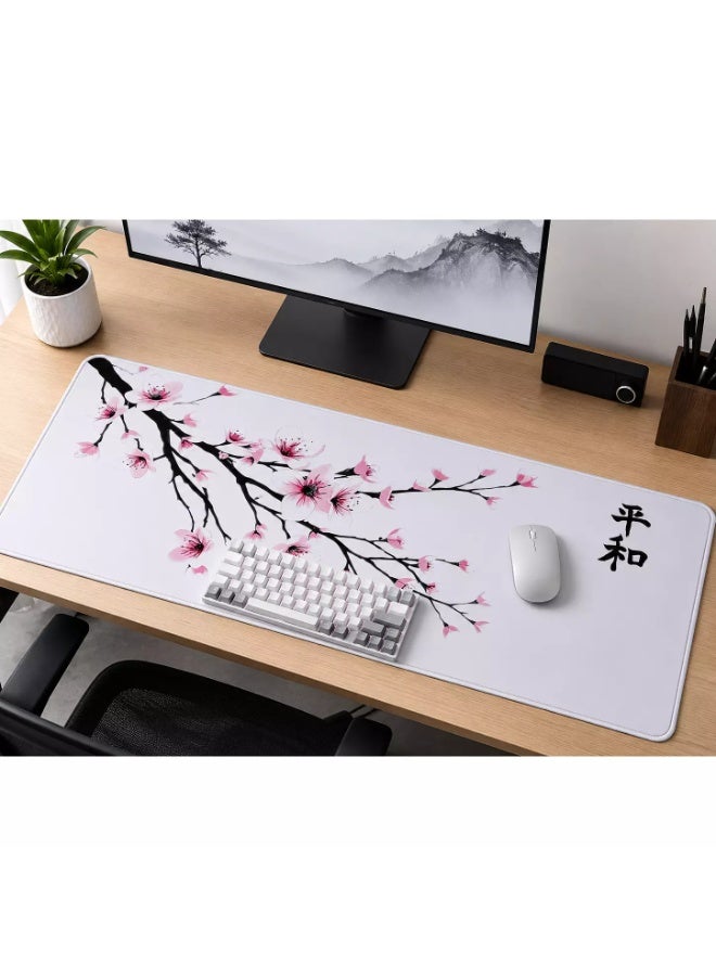 White Sakura Extended Gaming Mouse Pad – 80 × 30 CM XXL Desk Mat with Non-Slip Rubber Base & Stitched Edges - Image 3