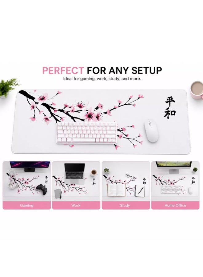 White Sakura Extended Gaming Mouse Pad – 80 × 30 CM XXL Desk Mat with Non-Slip Rubber Base & Stitched Edges - Image 2