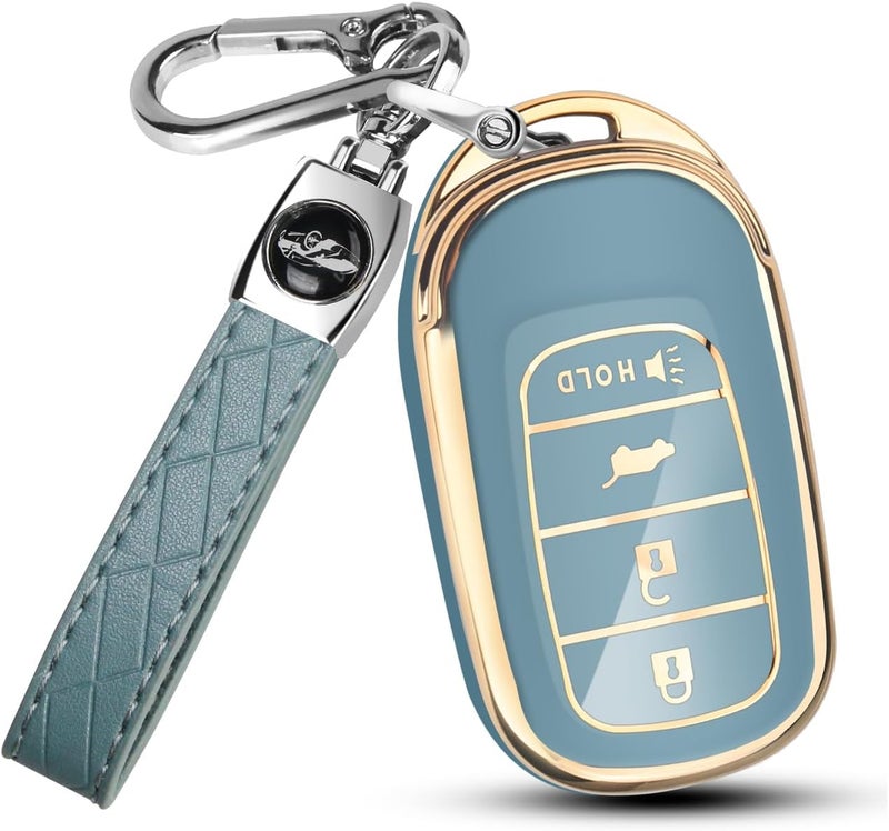 QBUC Key Fob Cover for Honda with Keychain - Fits 2022-2024 Civic, CR-V, HR-V, Accord, Pilot (Blue with Gold Edges) - Image 1