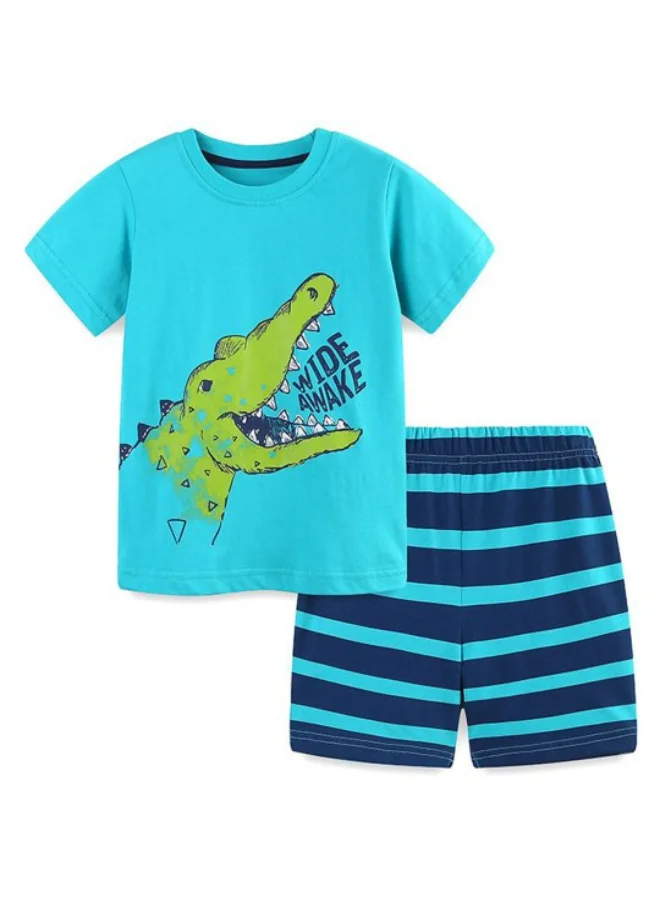 YUNIQEE Blue Crew Neck Short Sleeve Printed Tshirt & Shorts