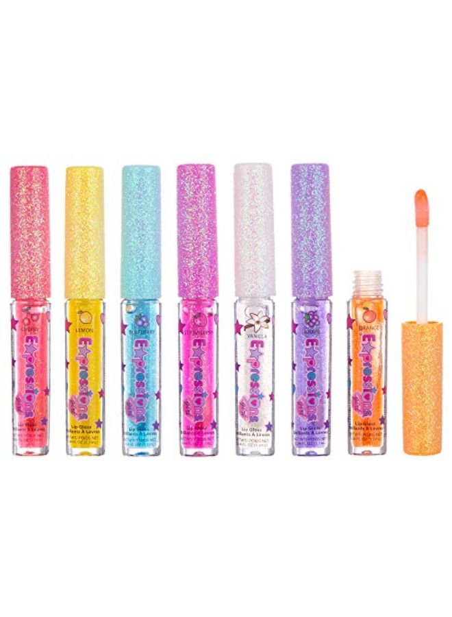 Expressions Girl مجموعة ملمع الشفاه المكونة من 7 قطع للأطفال والبنات والمراهقات والسيدات، بنكهات فاكهية لامعة، للأعمار من 5 سنوات فما فوق - Image 1