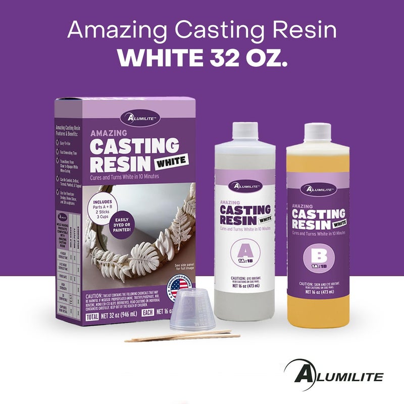 Alumilite Amazing Casting Resin White, 32 oz (16 oz Part A + 16 oz Part B) â€“ Ideal for Pouring Small to Large Durable Pieces, Arts, Crafts, Jewelry, and Decorative Items, 30-Minute Demold Time - Image 2