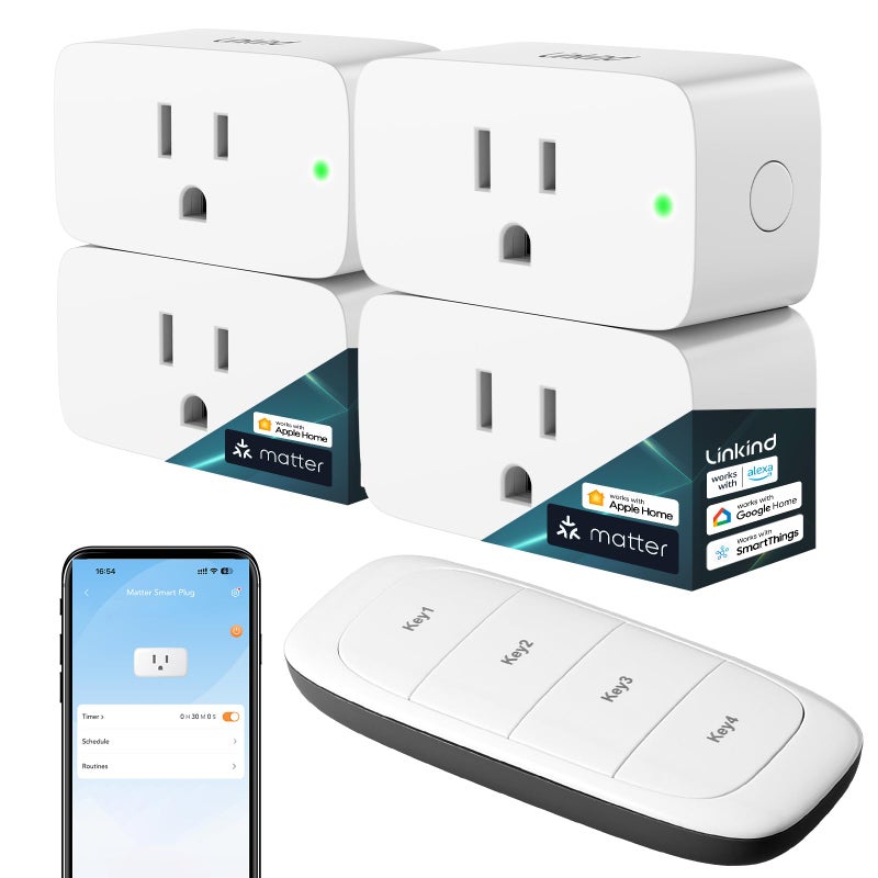 Linkind Matter Smart Plug with Remote, Work with Apple Home, Siri, Alexa, Google Home, SmartThings, Smart Outlet 15A/1800W Max, Smart Automation, Remote Control,Timer&Schedule, 2.4G Wi-Fi, 4 Pack - Image 1