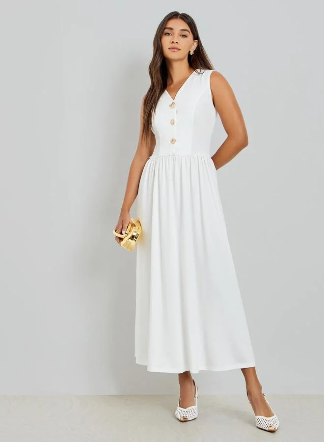 White Sleeveless Maxi Dress with Button Dï¿½cor