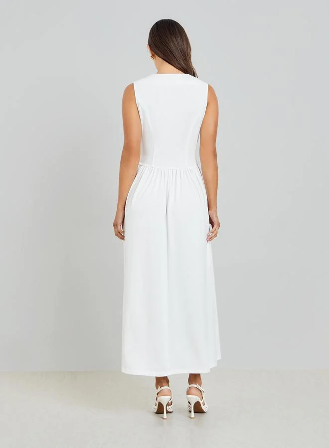 Styli  White Sleeveless Maxi Dress with Button Dï¿½cor for Women | Best Price UAE