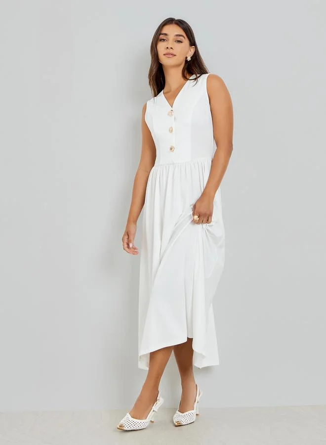 Styli  White Sleeveless Maxi Dress with Button Dï¿½cor for Women | Best Price UAE