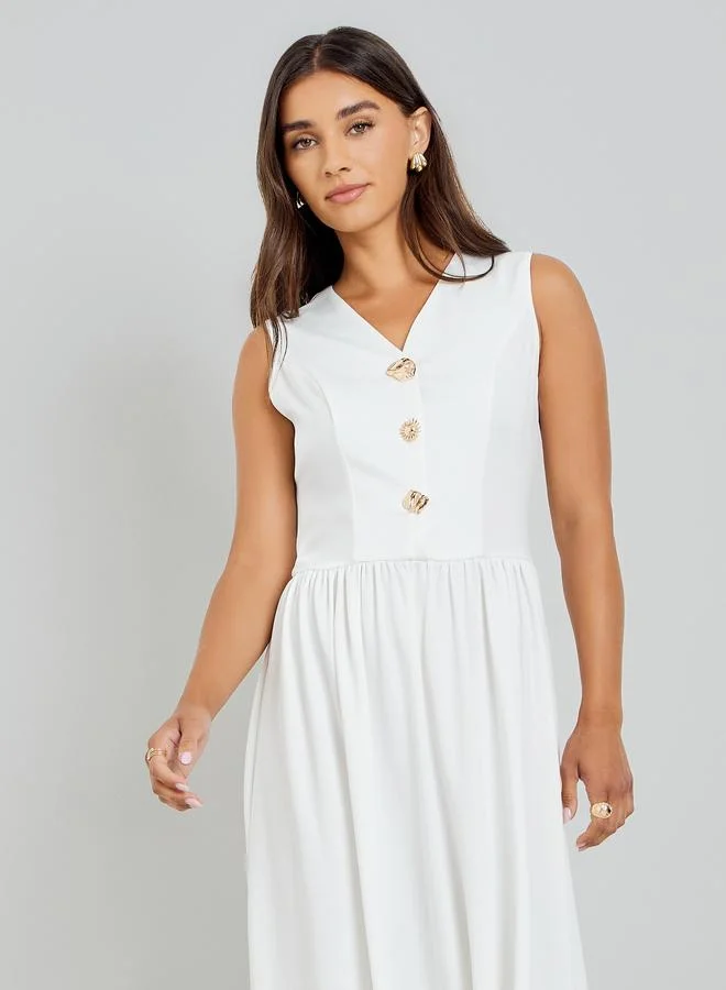 Styli  White Sleeveless Maxi Dress with Button Dï¿½cor for Women | Best Price UAE