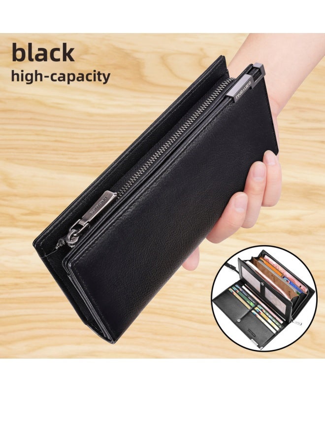 بانيانو محفظة رجالية من الجلد الطبيعي بسحاب طويل وفتحات متعددة للبطاقات وسعة كبيرة، محفظة سوداء - Image 1