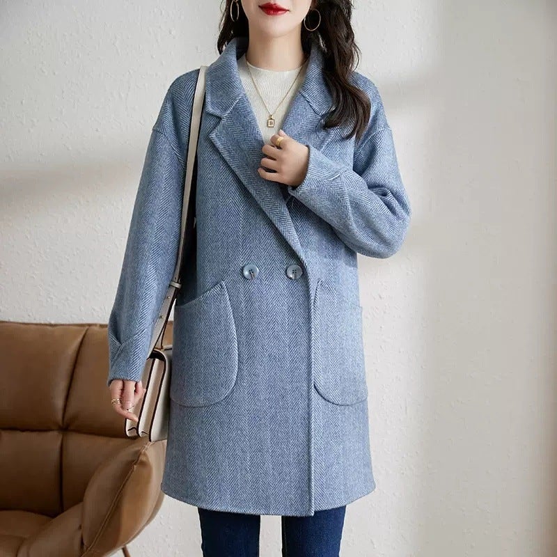 G Woolen Coat Women'S 2025 Korean Style Elegant Thickened Mid-Length Herringbone Woolen Coat Coat - Image 5