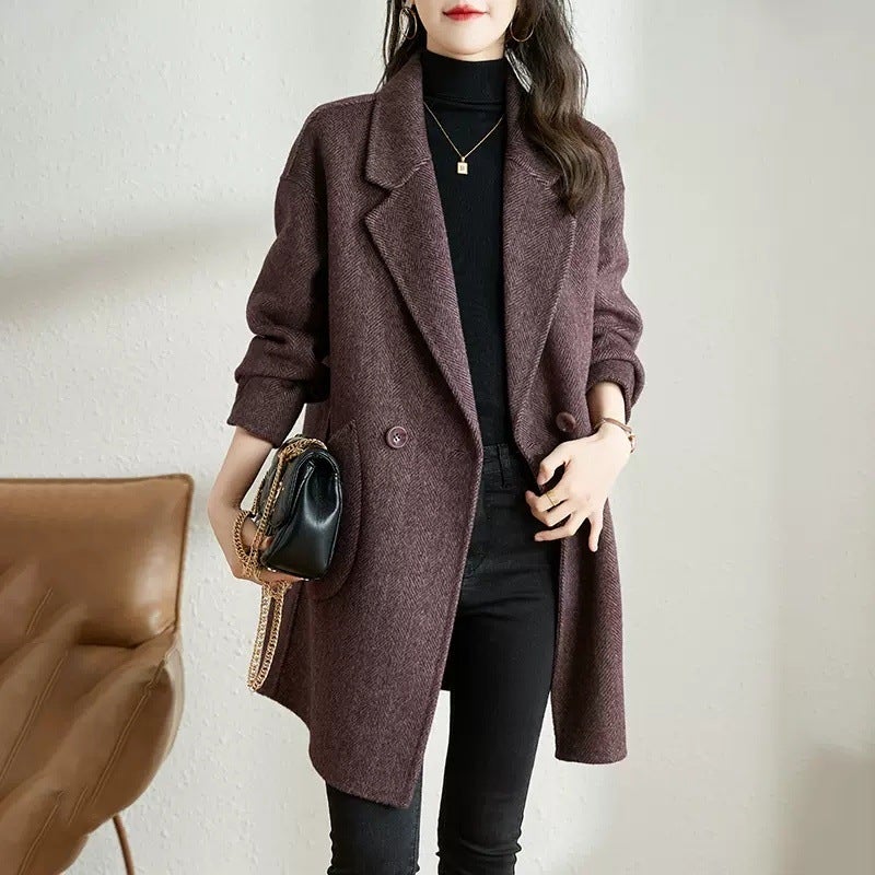 G Woolen Coat Women'S 2025 Korean Style Elegant Thickened Mid-Length Herringbone Woolen Coat Coat - Image 3