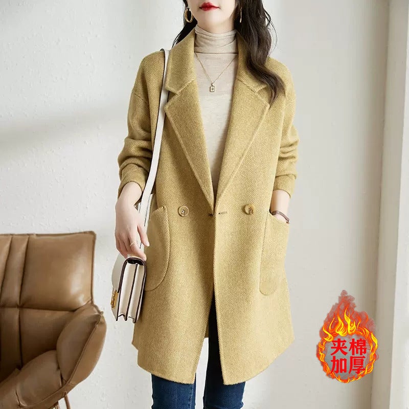 G Woolen Coat Women'S 2025 Korean Style Elegant Thickened Mid-Length Herringbone Woolen Coat Coat - Image 1