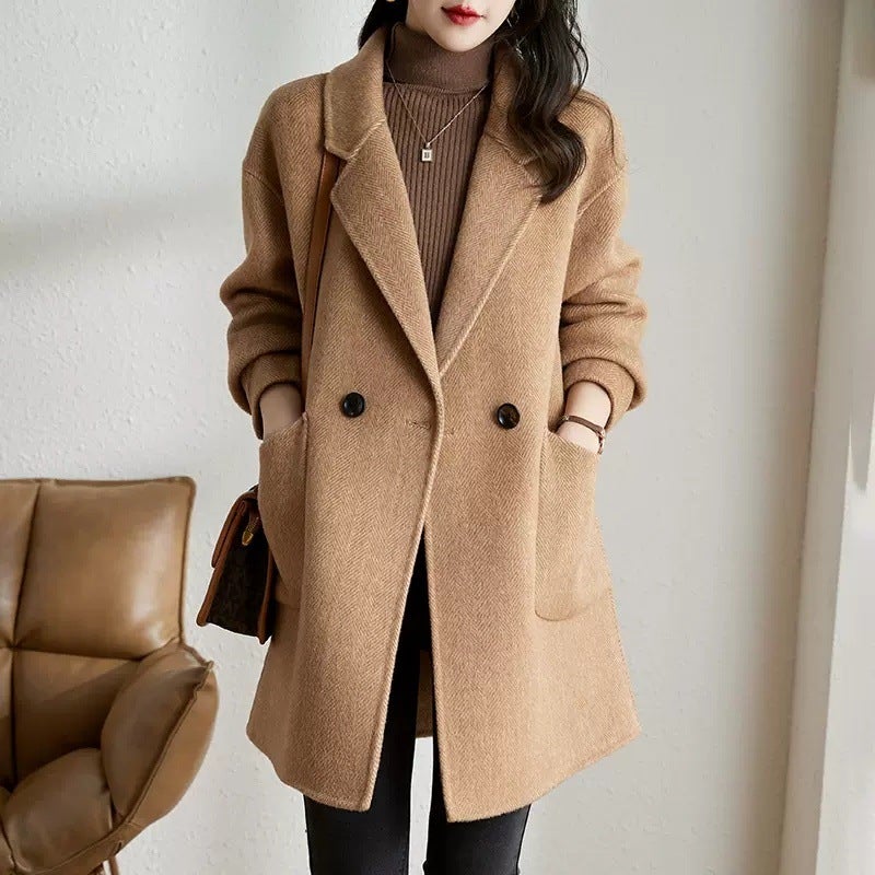 G Woolen Coat Women'S 2025 Korean Style Elegant Thickened Mid-Length Herringbone Woolen Coat Coat - Image 4