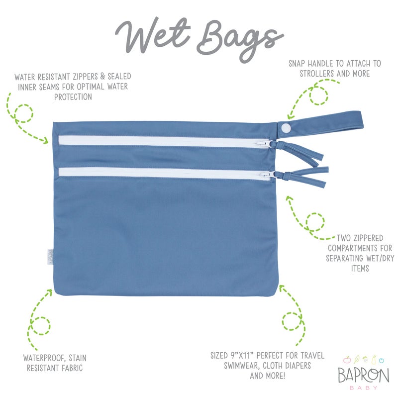 BapronBaby Minimalist Dusty Blue Wet Dry Bag - Waterproof Two Zipper Pockets - Reusable for Mealtime, Diapers, Stroller, Snacks, Swimsuits - Machine Washable - 11" x 9" - Image 2