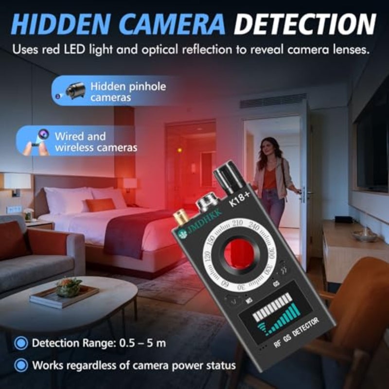 K18+ Hidden Camera Detector, Spy Camera Finder, Bug Detector, Magnetic Field Detector, Listening Device Detector Privacy Protection Tool for Home, Office, Hotel, and Travel Security Black - Image 2