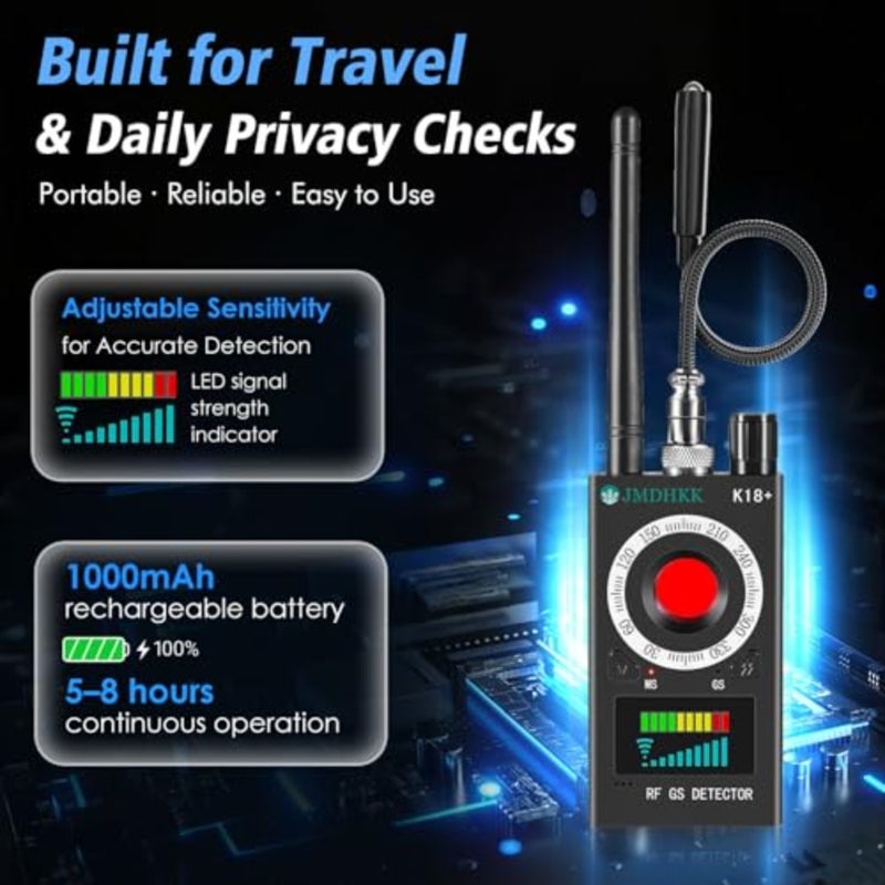 K18+ Hidden Camera Detector, Spy Camera Finder, Bug Detector, Magnetic Field Detector, Listening Device Detector Privacy Protection Tool for Home, Office, Hotel, and Travel Security Black - Image 5