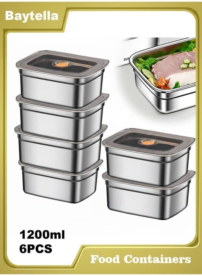 6 PCS 1200ML STAINLESS STEEL FOOD STORAGE CONTAINERS WITH AIRTIGHT LIDS, LEAK-PROOF FOOD CONTAINERS AND LUNCH BOXES FOR KITCHEN, FRIDGE, AND MEAL PREP