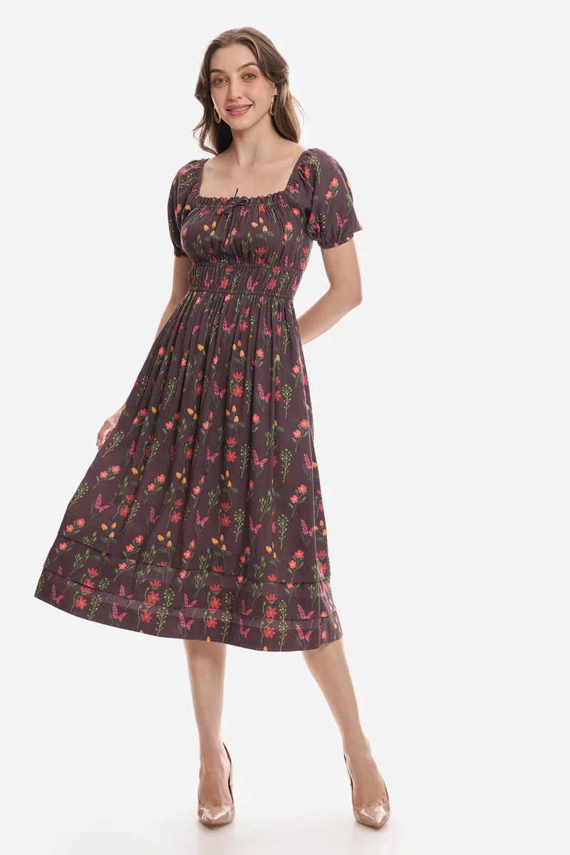 Virgio Floral Lyocell Floral Elasticated Midi Dress for Women