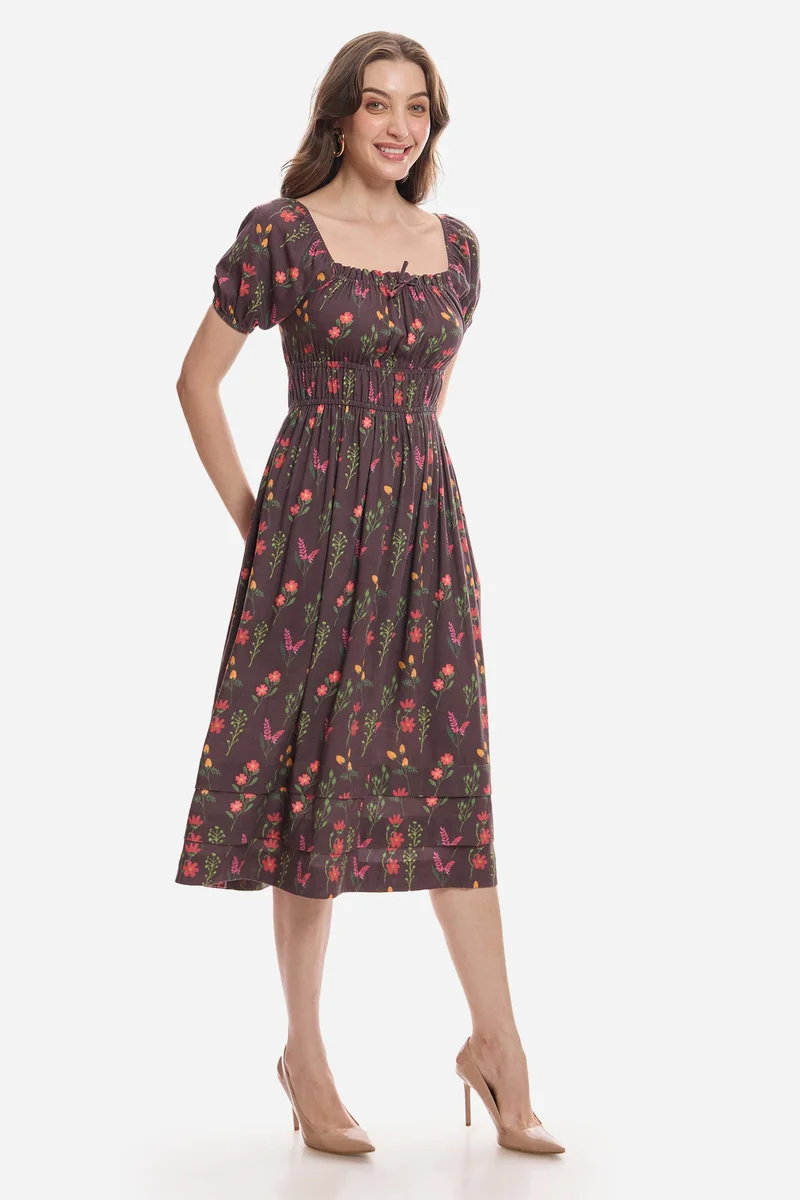 Virgio  Floral Lyocell Floral Elasticated Midi Dress for Women for Women | Best Price UAE