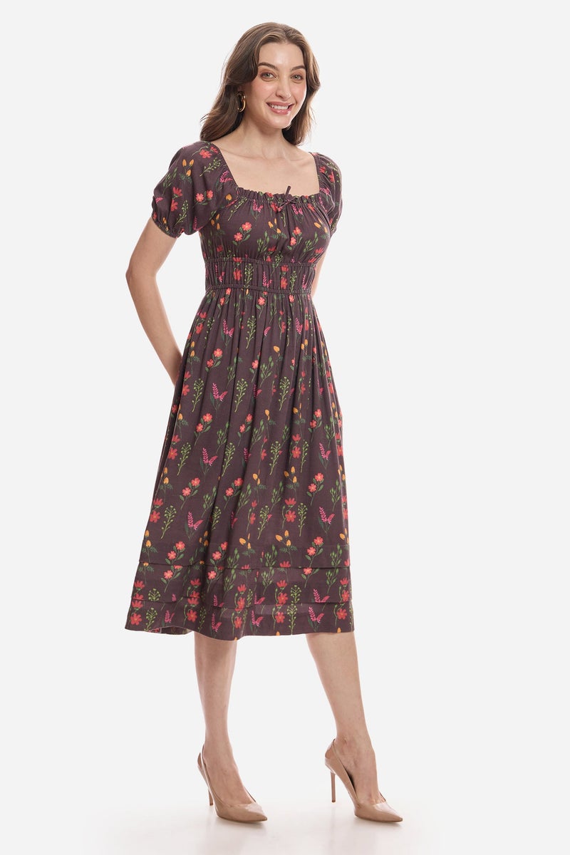 Virgio Floral Lyocell Floral Elasticated Midi Dress for Women - Image 4