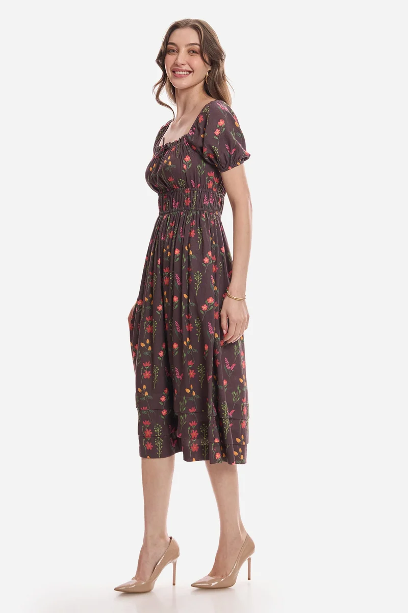 Virgio  Floral Lyocell Floral Elasticated Midi Dress for Women for Women | Best Price UAE
