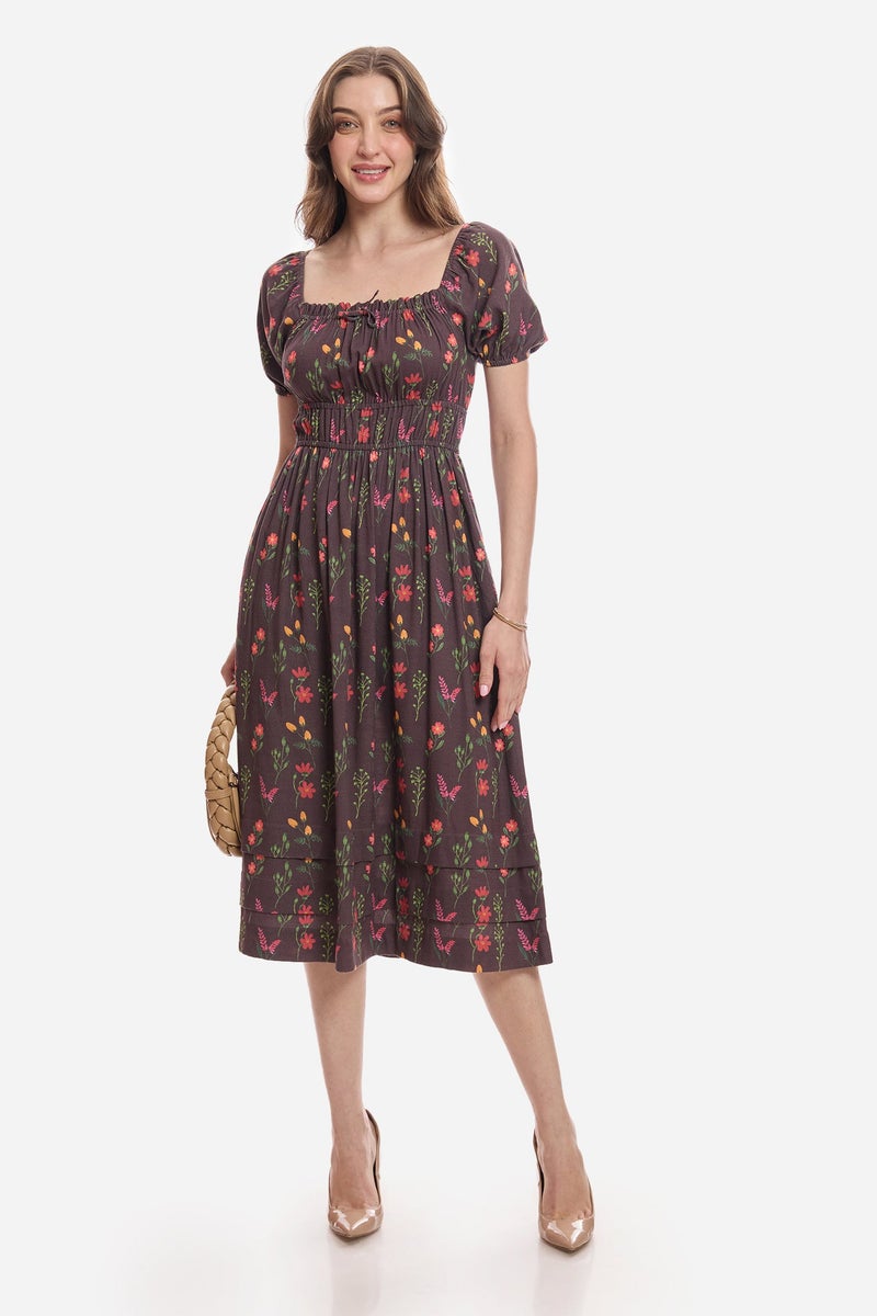 Virgio Floral Lyocell Floral Elasticated Midi Dress for Women - Image 1