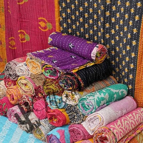 Marubhumi Vintage Kantha Quilt – Handmade Reversible Cotton Throw Blanket with Assorted Patchwork | Boho-Style Decorative Bedding for Sofa, Couch, Bed & Picnic | 1 Pc - Image 3