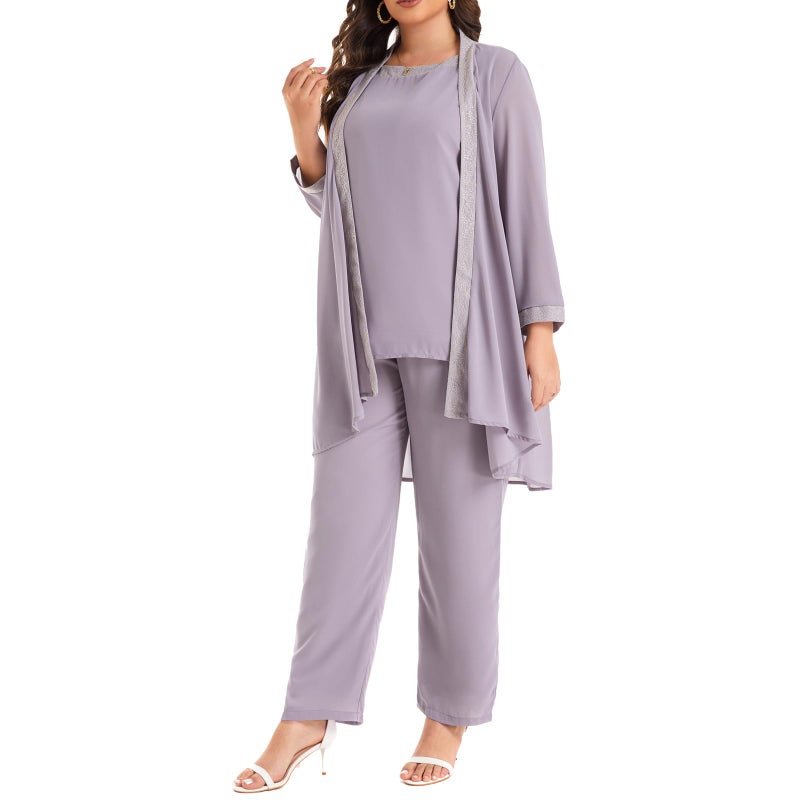 WTJIAPAI Women's Plus Size Wedding Pant Suits for Mother of The Groom Bride Evening Formal 3 Piece Set Party Outfit Grey - Image 3