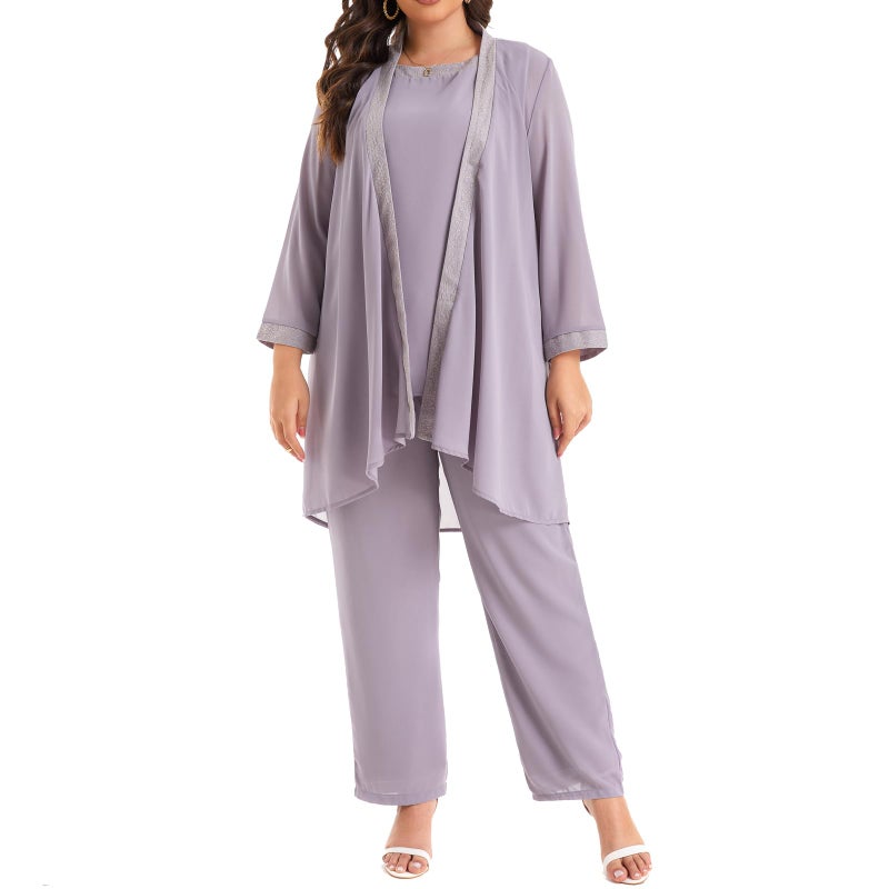 WTJIAPAI Women's Plus Size Wedding Pant Suits for Mother of The Groom Bride Evening Formal 3 Piece Set Party Outfit Grey - Image 1