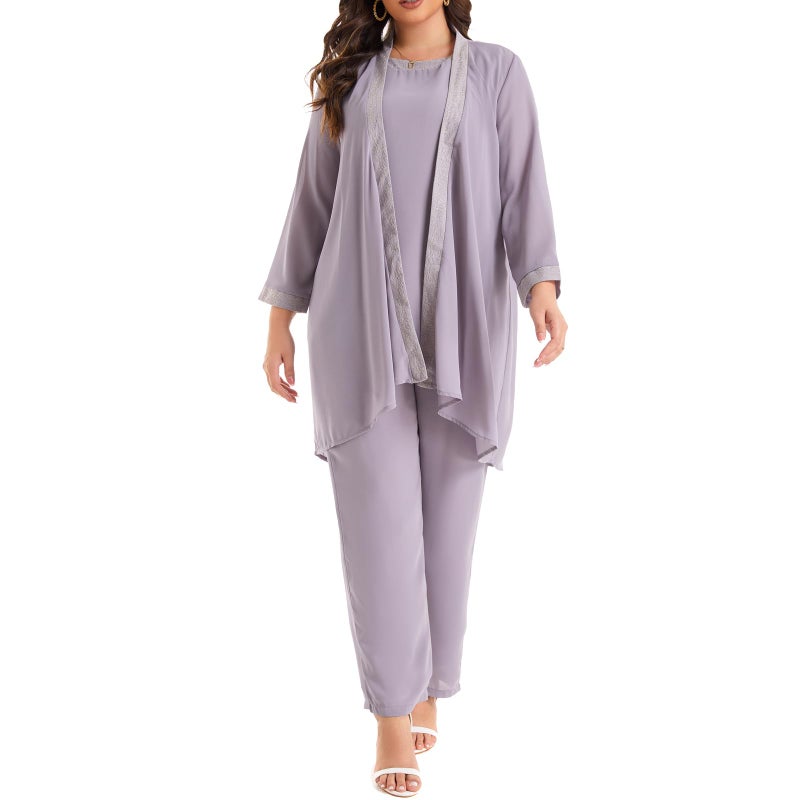 WTJIAPAI Women's Plus Size Wedding Pant Suits for Mother of The Groom Bride Evening Formal 3 Piece Set Party Outfit Grey - Image 4