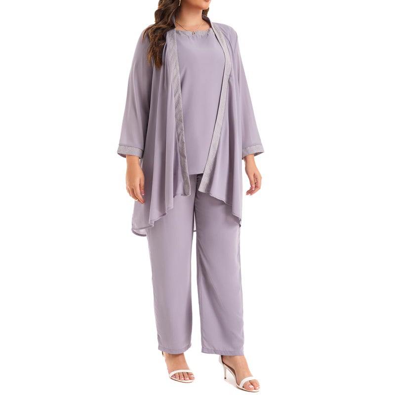 WTJIAPAI Women's Plus Size Wedding Pant Suits for Mother of The Groom Bride Evening Formal 3 Piece Set Party Outfit Grey - Image 2