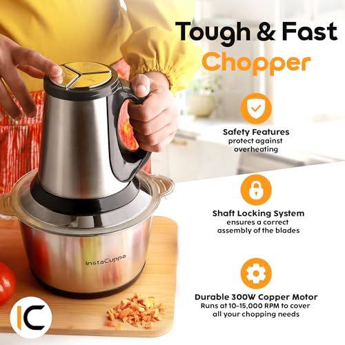 InstaCuppa Electric Chopper for Kitchen Use with 3 Attachments, 2 Litre Stainless Steel Meat Mincer, 300W Vegetable Cutter Machine with Garlic Peeler and Egg Whisker, Carrot Grater for Busy Moms - Image 2