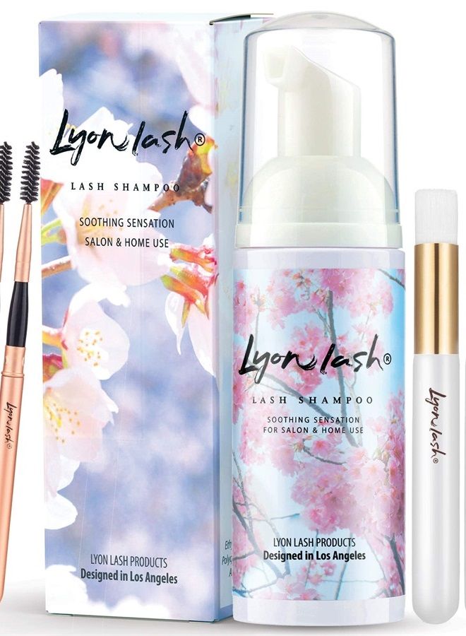 Eyelash Extension Shampoo - Lyon Lash Eyelid Foam Cleanser/Gentle Formula for Sensitive people/Paraben & Sulfate Free/Remove Eye Makeup & Oil & Dust/For Salon and Home Use (150ml + 2 mascara wands + 2