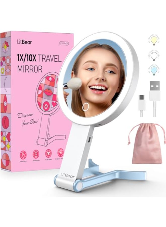 LitBear Travel Makeup Mirror with Lights Rechargeable DoubleSided 10X1X Magnifying Mirror Portable Lighted Beauty Mirrors 3 Color Lighting Dimmable Touch Screen Tabletop Handhold Hanging Blue - Image 1