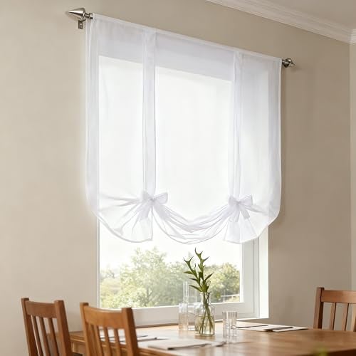 WPKIRA 1 Panel Ribbon Tie Up Solid White Roman Curtain Transparent Sheer Voile Balloon Shades with Solid Stripes Lift Sheer Curtain Drapes Voile Valances Cafe Kitchen W39 x L55 Inch - Image 3