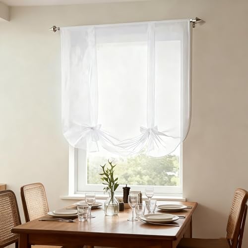 WPKIRA 1 Panel Ribbon Tie Up Solid White Roman Curtain Transparent Sheer Voile Balloon Shades with Solid Stripes Lift Sheer Curtain Drapes Voile Valances Cafe Kitchen W39 x L55 Inch - Image 2