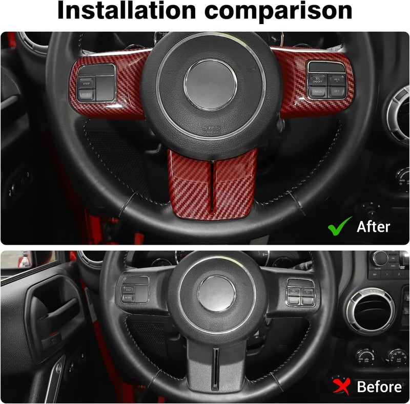 JeCar Interior Steering Wheel Decoration Trim Kits For Jeep Wrangler 2011-2017 JK & Unlimited/Patriot Compass 2011-2016 & Grand Cherokee 2011-2013, Red Carbon Fiber Finish - Image 3