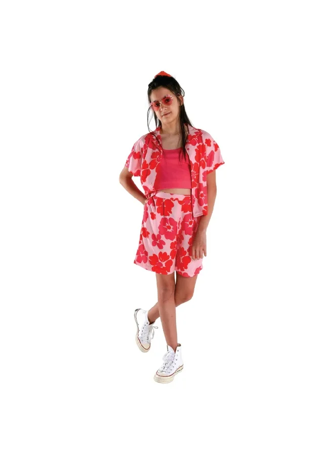 AIKO AIKO - Girls Pink Floral Pattern 3Pc set-Crop Top, Jacket and Shorts