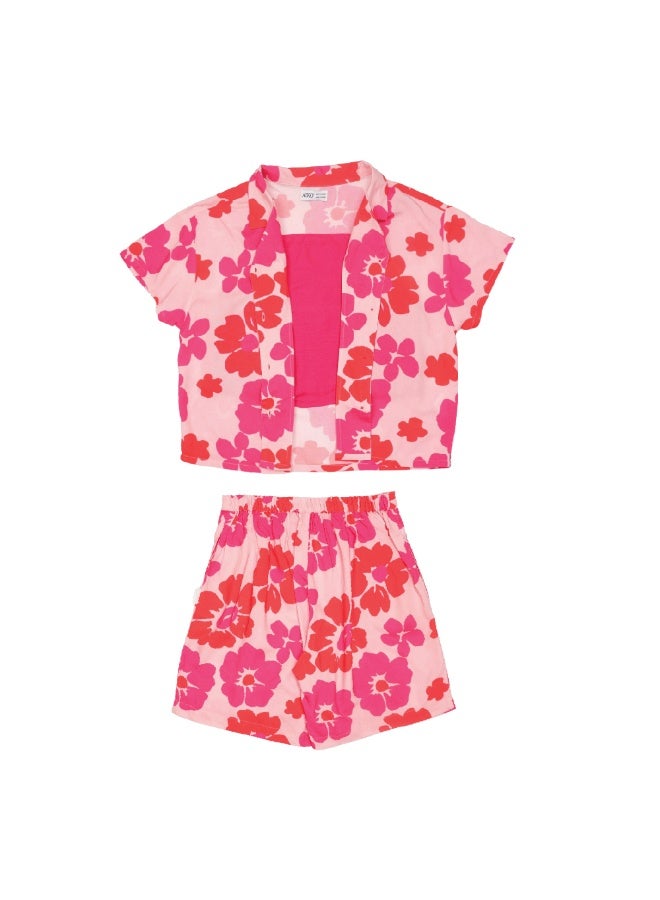 AIKO - Girls Pink Floral Pattern 3Pc set-Crop Top, Jacket and Shorts - Image 3