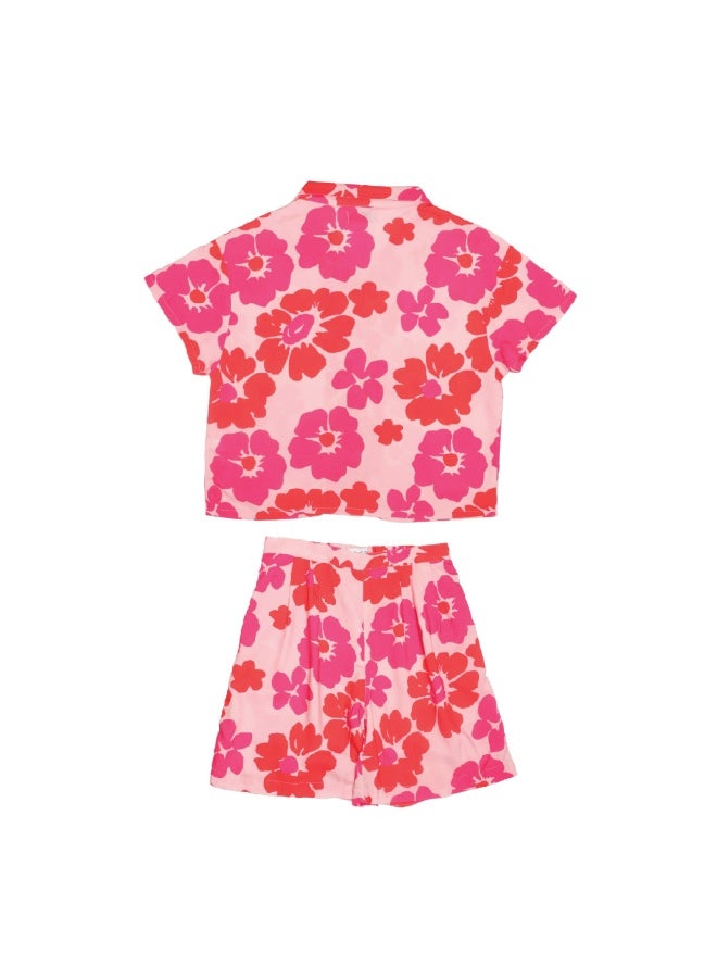 AIKO - Girls Pink Floral Pattern 3Pc set-Crop Top, Jacket and Shorts - Image 4