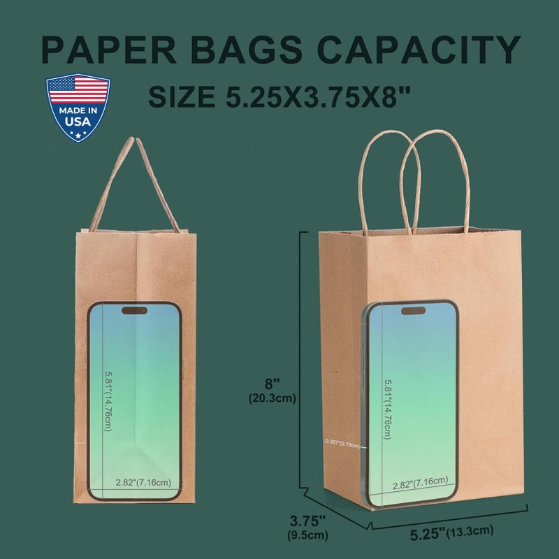 METRONIC Paper Gift Bags 5.25x3.75x8 50Pcs, Christmas Gift Wrap Bags with Handles, Brown Kraft Paper Bag for Small Business, Bulk Party Favors Bag for Birthday, Shopping, Retail, Made in USA - Image 3