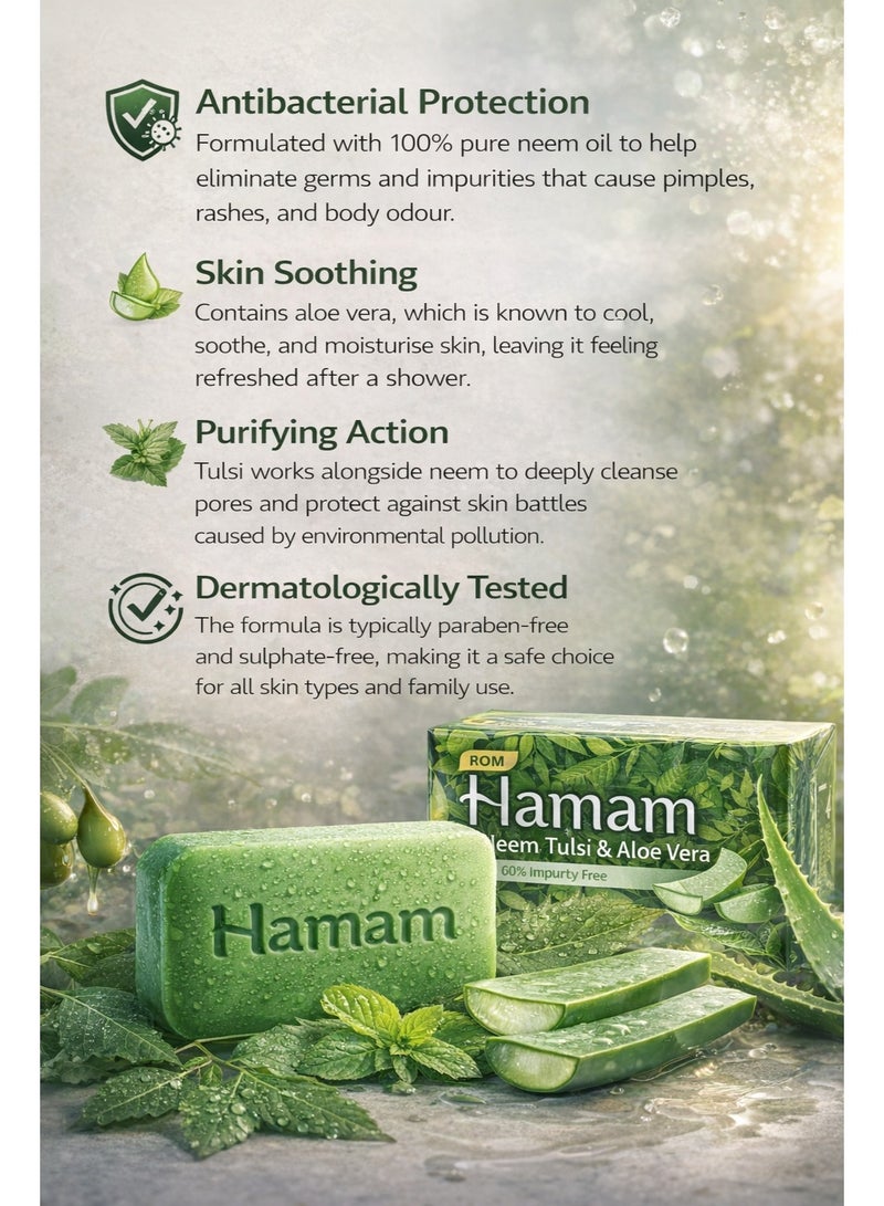 Hamam Neem Tulsi & Aloe Vera Herbal Bathing Bar Soap 150g Each Pack of 4 for Deep Cleansing and Fresh Skin - Image 3