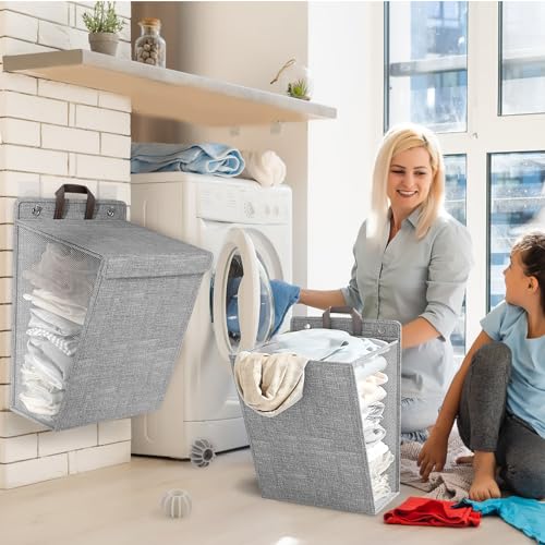 PRATIQUE Wall Hanging Laundry Basket, Collapsible Laundry Hamper with Handle & Laundry Balls,Space-Saving Foldable Storage Dirty Washer Organizer Bin Multi-function Container Durable, Set of 2 (Grey) - Image 4