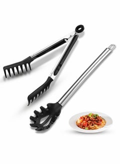 Spaghetti Spoon and Pasta Tong,Non-stick 13-Inch Silicone Spaghetti Fork and 9.8-Inch Stainless Steel Handle Spaghetti Tong Food Clip for Spaghetti Noodle 2 Pieces