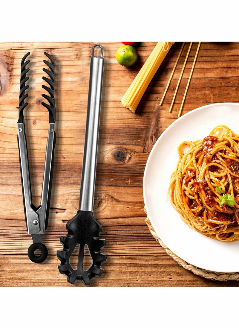 Excefore - Spaghetti Spoon and Pasta Tong,Non-stick 13-Inch Silicone Spaghetti Fork and 9.8-Inch Stainless Steel Handle Spaghetti Tong Food Clip for Spaghetti Noodle 2 Pieces - Image 1