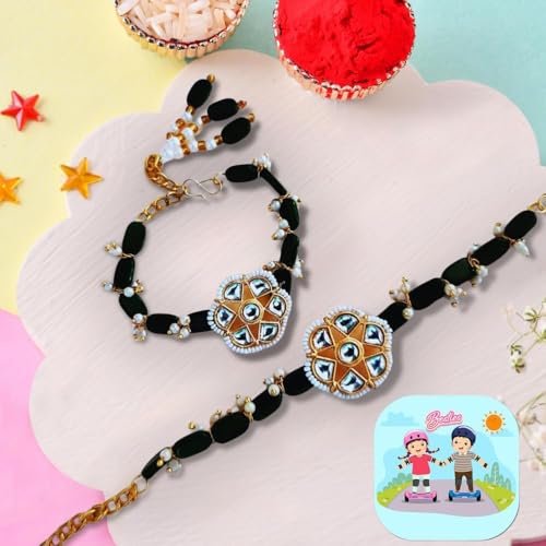 CraftVatika Rakhi Gift for Brother Bhaiya Bhabhi, Couple Pair Bhaiya Bhabhi Rakhi Combo Set, Kundan Lumba, Rakshabandhan Set, Fridge Magnet Gift for Door Decor - Image 1