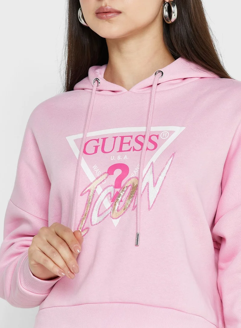 GUESS Drawstring Detail Printed Hoodie