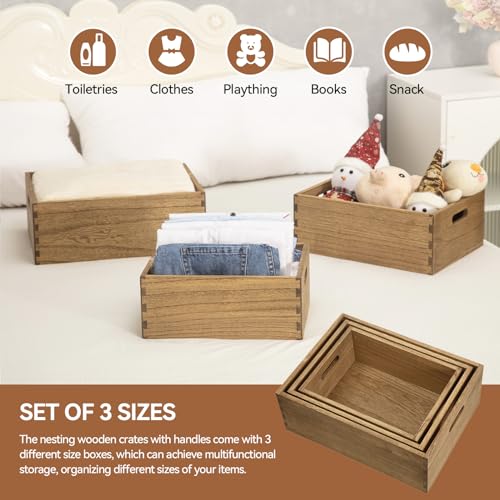KIRIGEN Nesting Wooden Crates with Portable Handles for Home Organizer - Wood Rustic Decor Farmhouse Boxes / Basket Rolling Trays set of 3 Dark Brown - Image 2