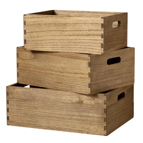 KIRIGEN Nesting Wooden Crates with Portable Handles for Home Organizer - Wood Rustic Decor Farmhouse Boxes / Basket Rolling Trays set of 3 Dark Brown - Image 1