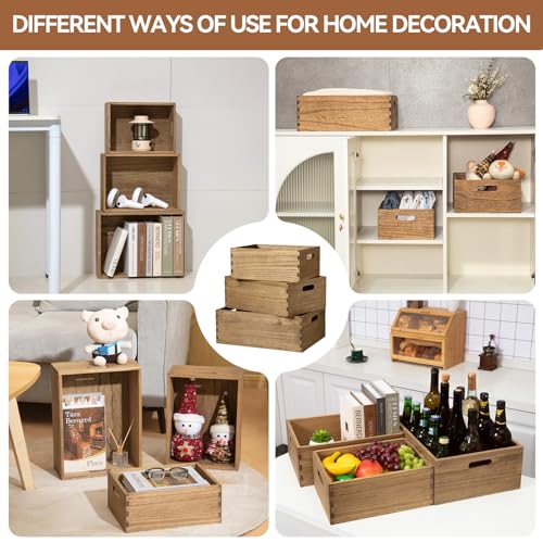 KIRIGEN Nesting Wooden Crates with Portable Handles for Home Organizer - Wood Rustic Decor Farmhouse Boxes / Basket Rolling Trays set of 3 Dark Brown - Image 5